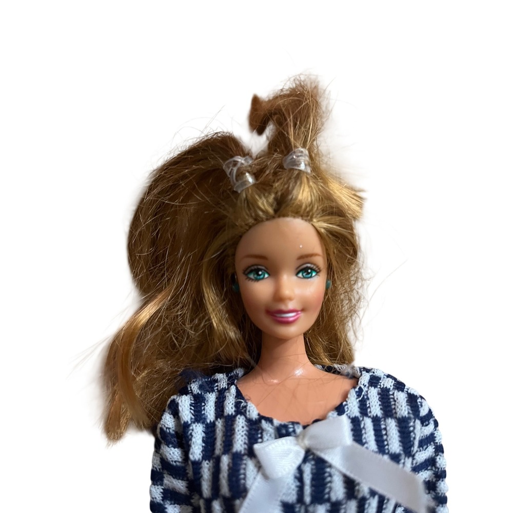 Vintage Mattel Red Hair Barbie Doll 90s Blue White Checkered Knit Jumpsuit